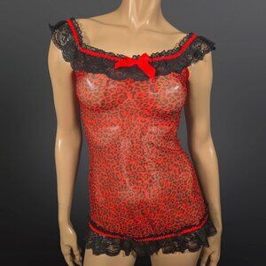 Red Leopard Print Sheer Mesh lingerie Top Size S Black Lace Trim Emo Scene Y2K